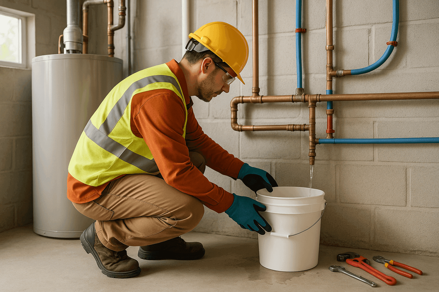 Pipe with leaking water and a technician placing a bucket to catch flow in a utility room