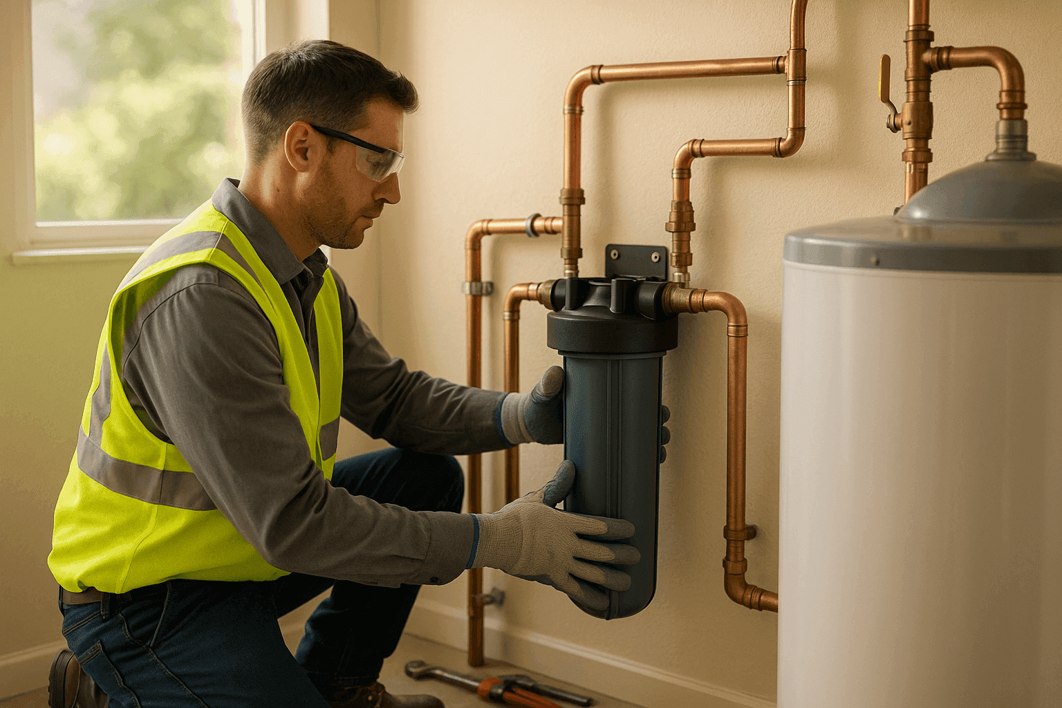 Technician installing a whole-house water filtration system next to a water heater in a utility room