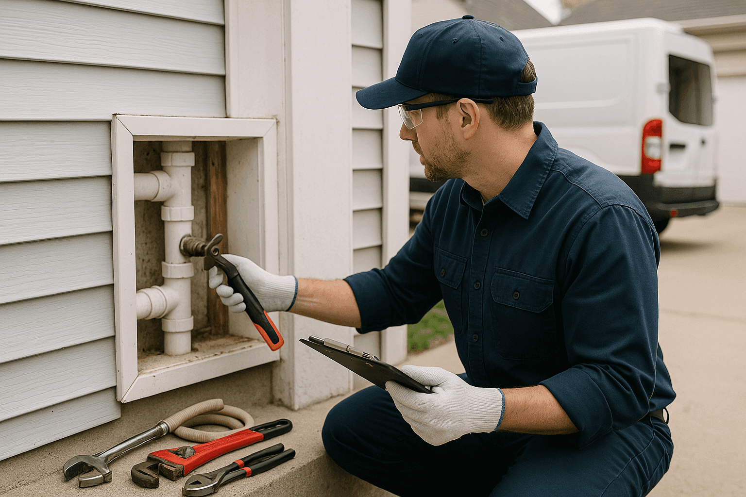 Professional plumber performing preventative plumbing maintenance inspection in a home