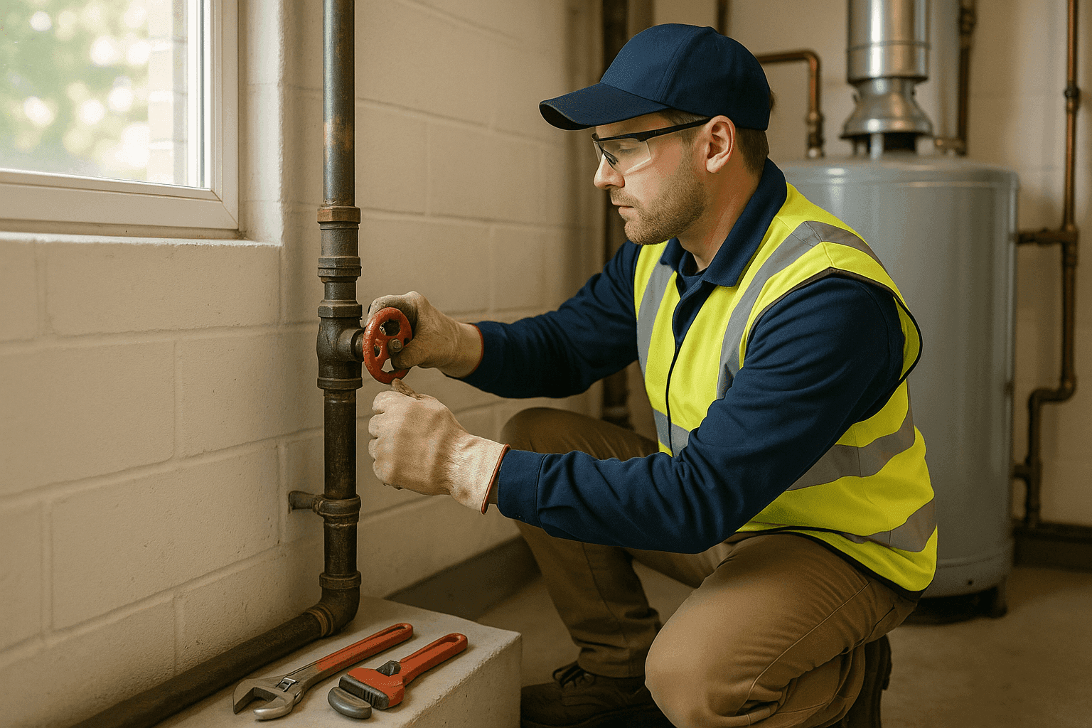 Technician shutting off a home water valve with tools in a well-lit utility room