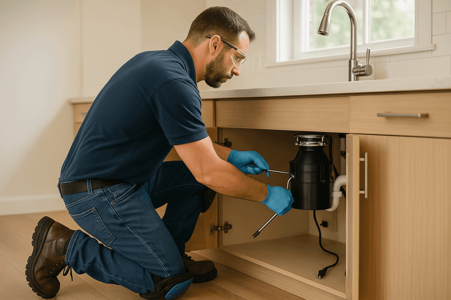 Technician using an Allen wrench to free a jammed garbage disposal from under a sink