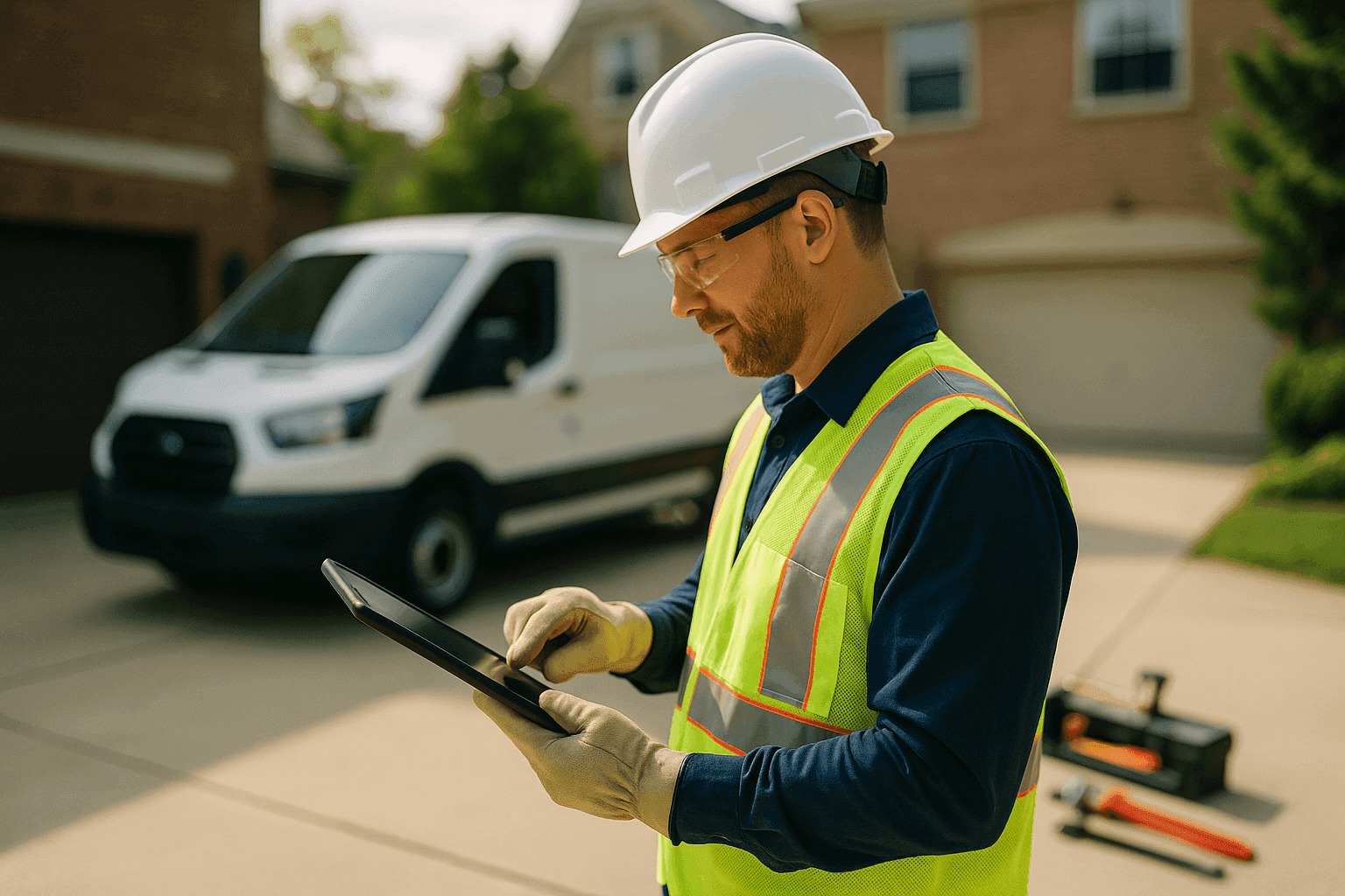 Plumber smiling with clipboard and truck in background displaying professional appearance