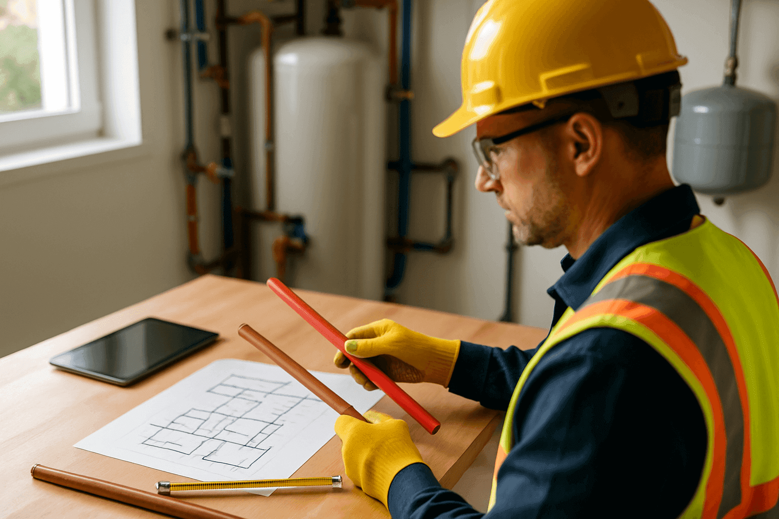 Plumber reviewing piping diagrams and cost estimates next to residential copper and PEX samples