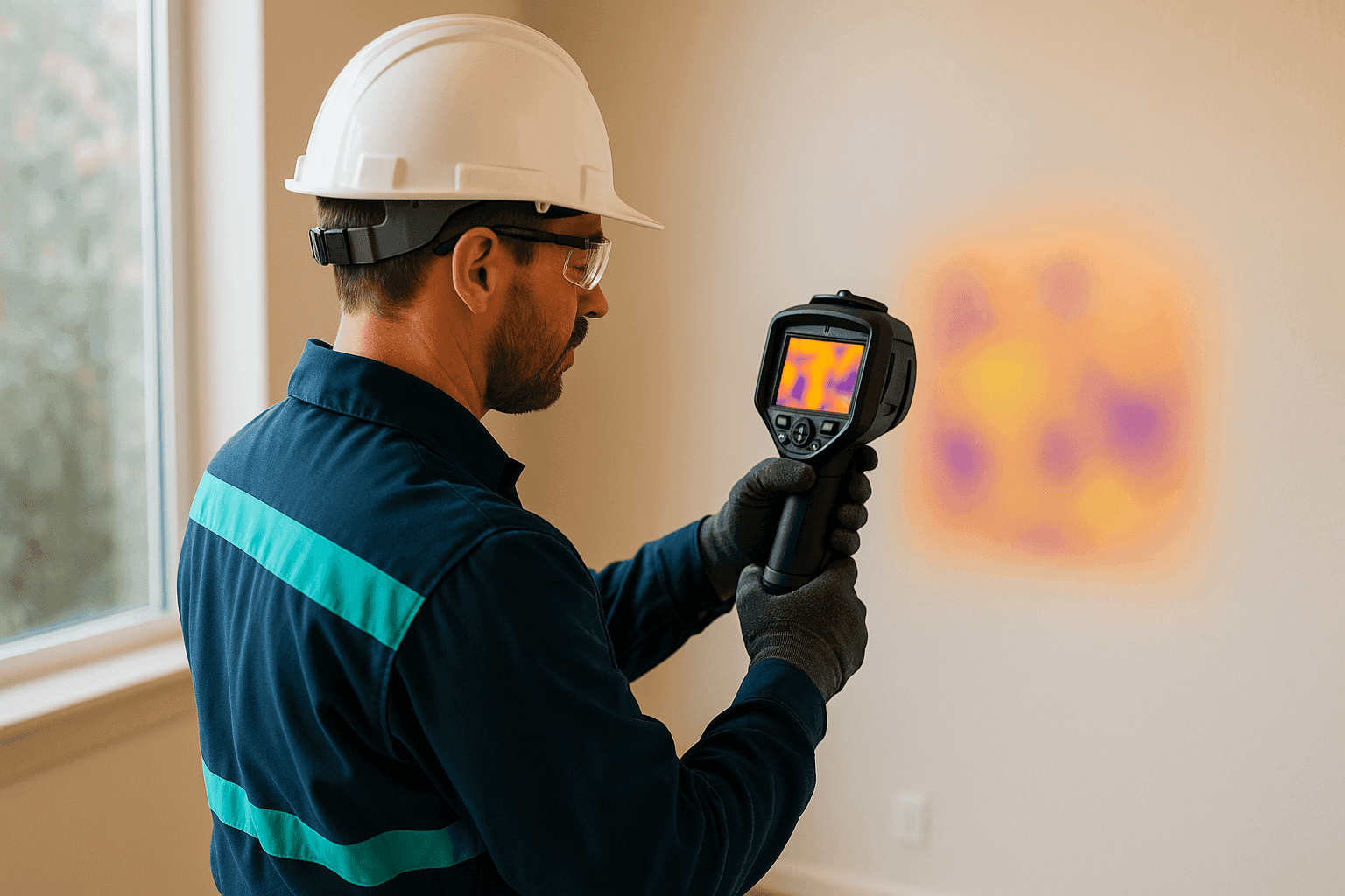 Technician using an infrared camera to scan a wall for hidden water leak