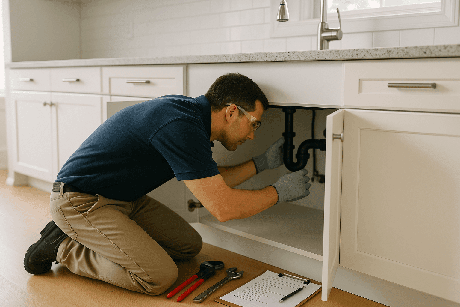 Homeowner performing plumbing maintenance under kitchen sink with tools and checklist