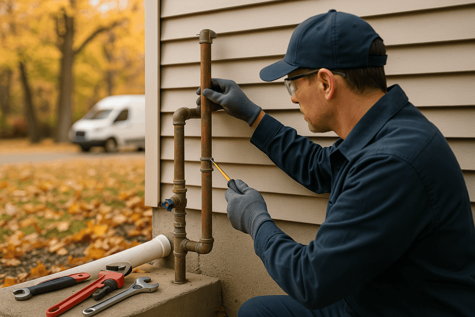 Homeowner inspecting outdoor plumbing pipes during autumn preparation