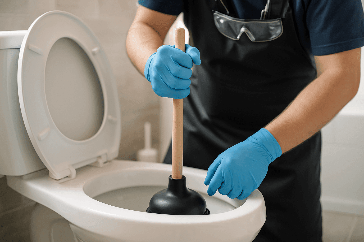 Primer plano de una mano enguantada usando un desatascador en la taza de un inodoro en un baño limpio