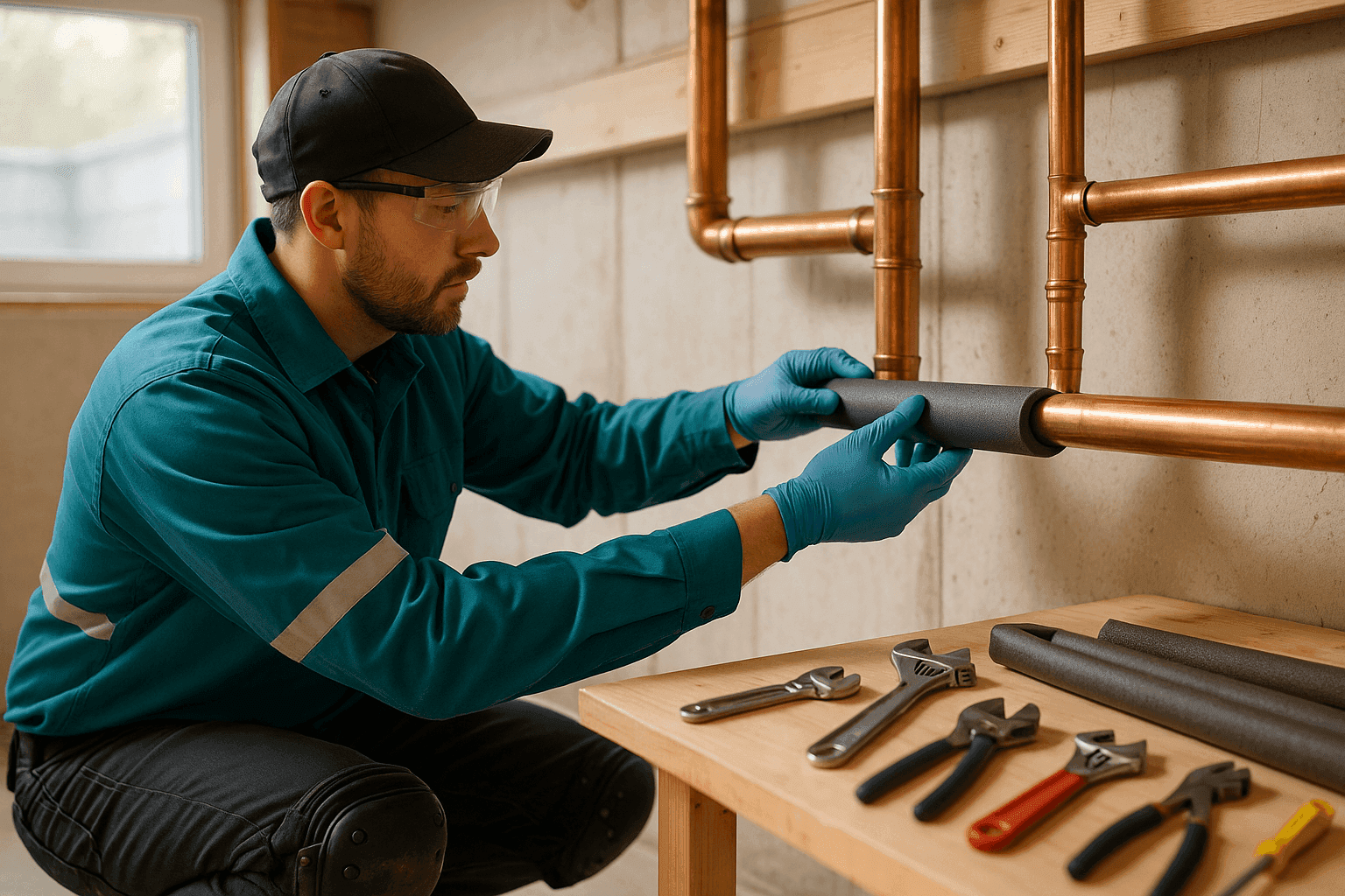 Technician installing foam insulation on exposed copper pipes in a cold basement