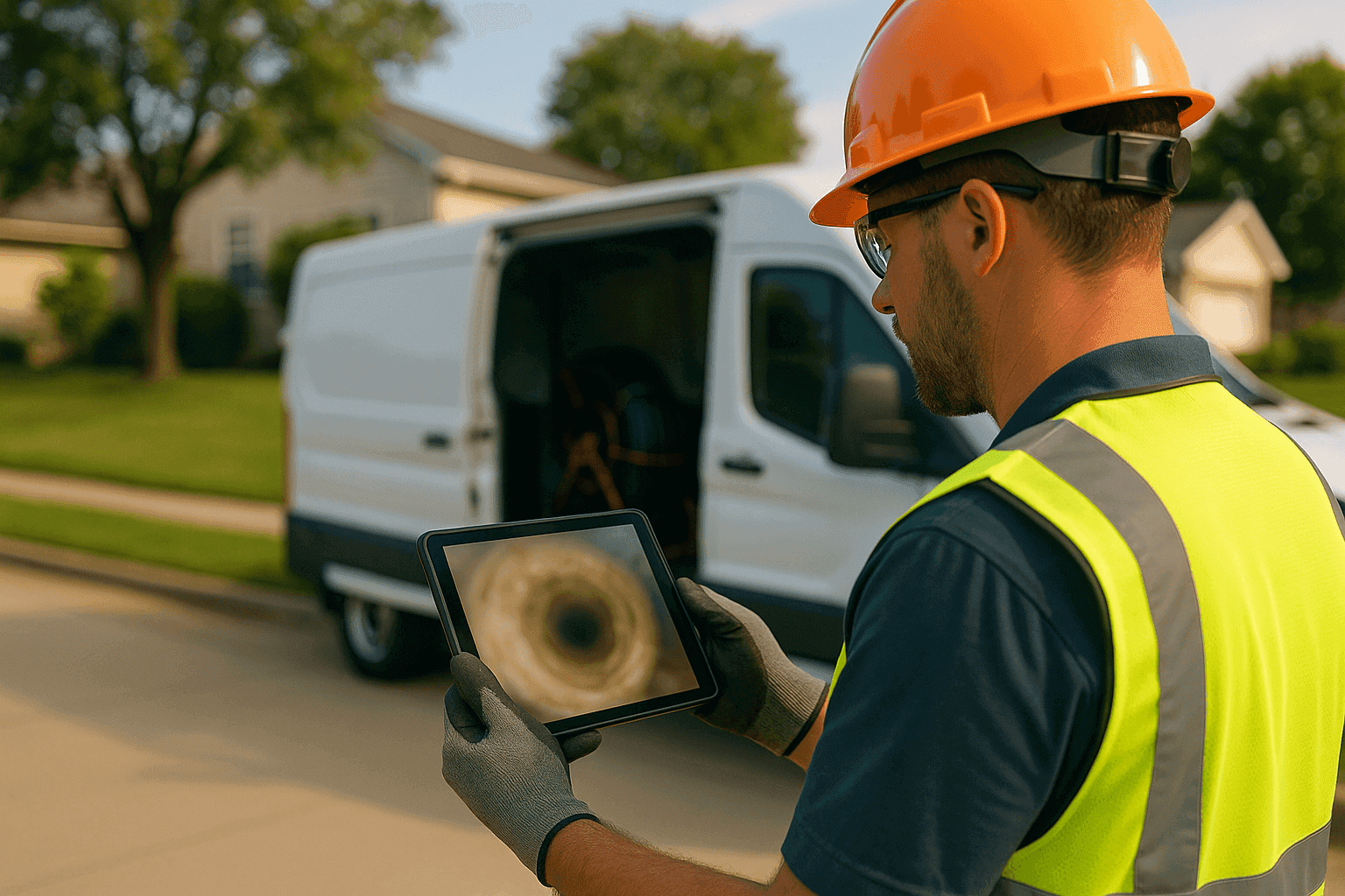 Plumber reviewing a sewer camera feed on a tablet beside a sewer inspection truck