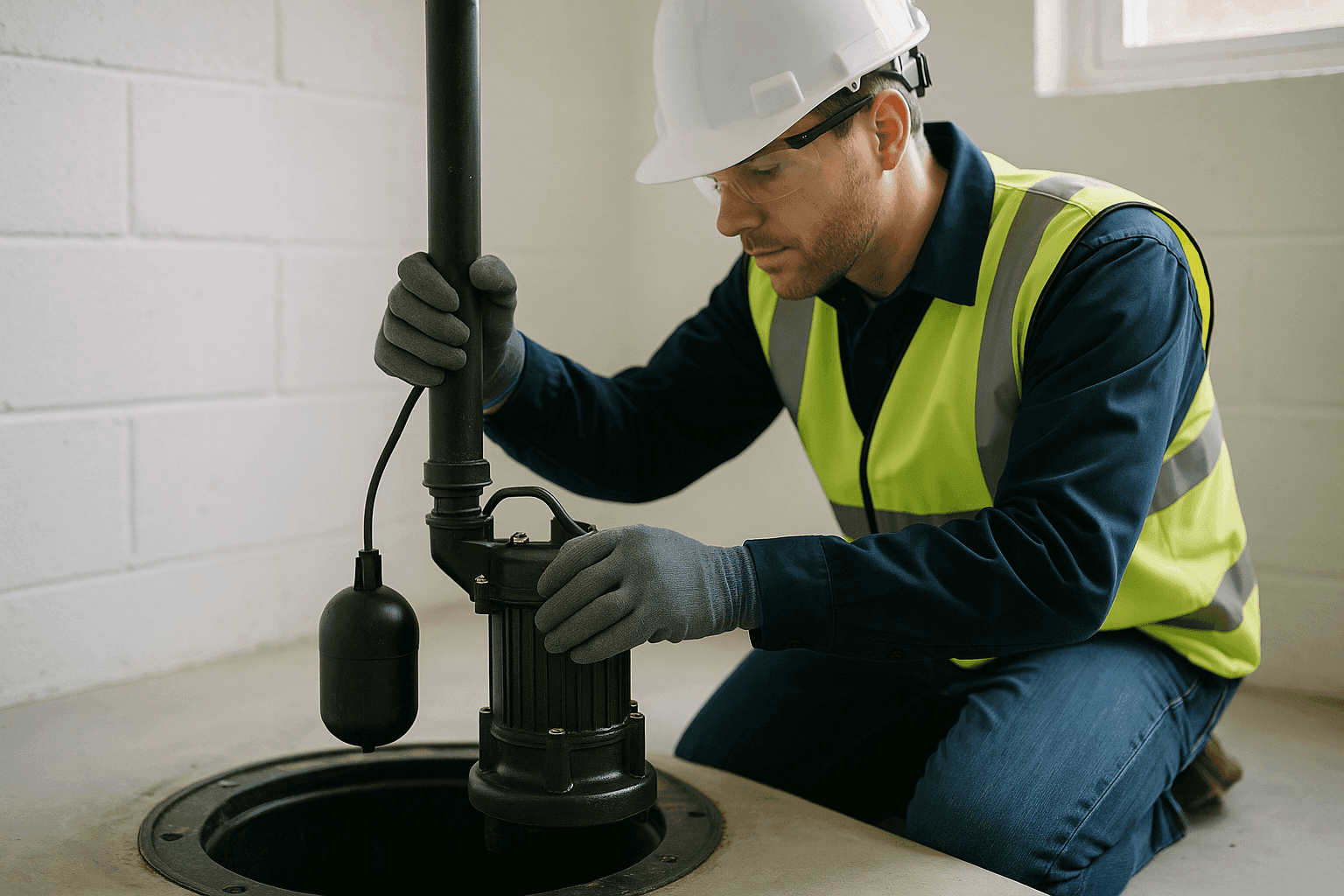 Technician inspecting a sump pump in a clean basement pit with a float switch visible
