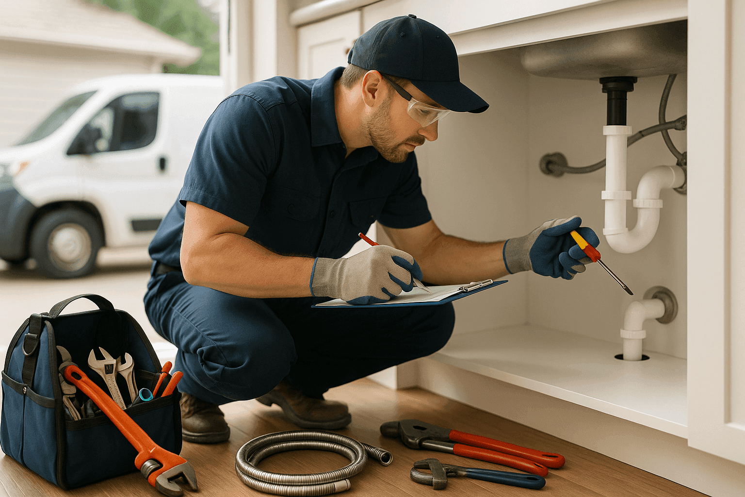 Professional plumber performing routine plumbing maintenance inspection in a home