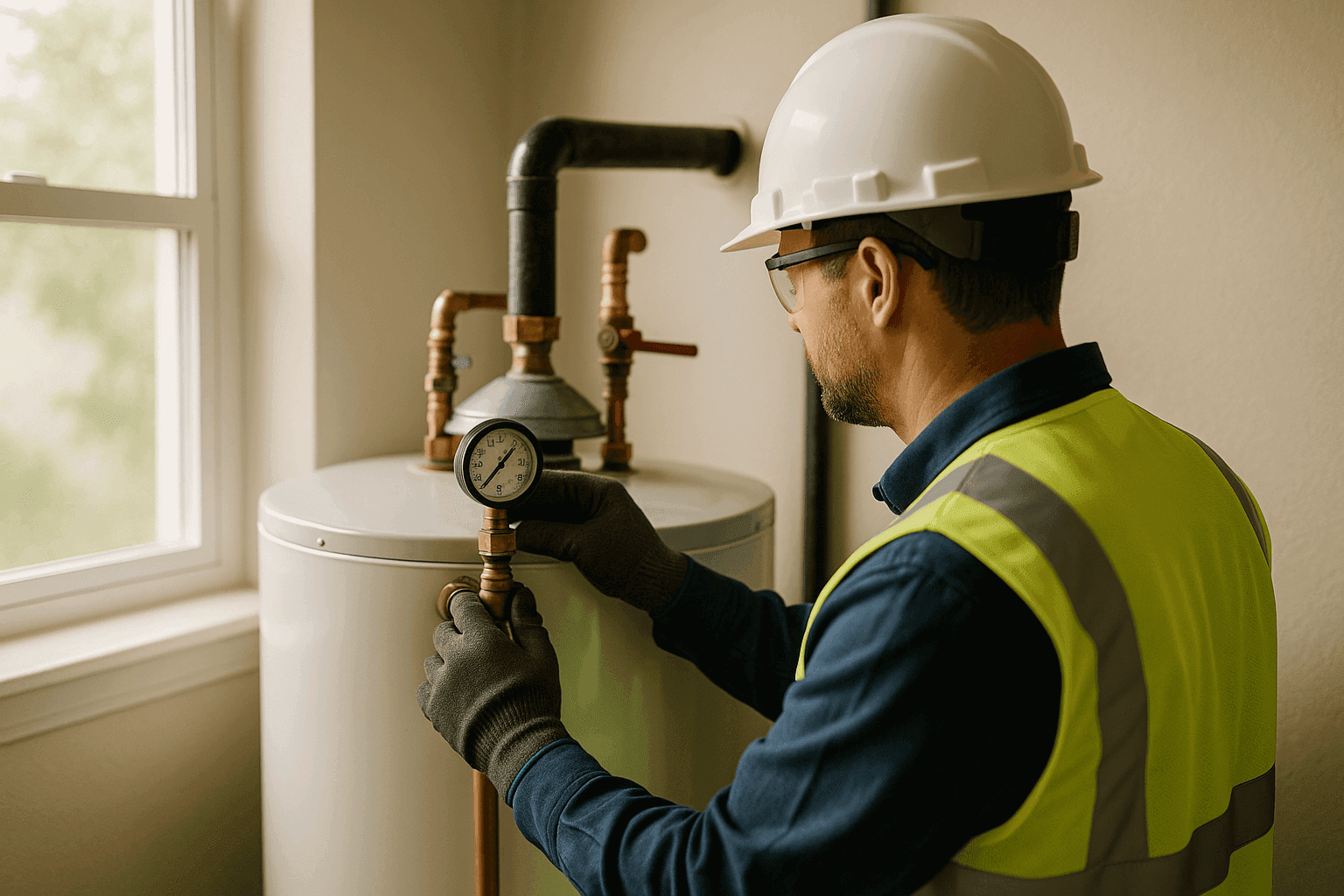 Technician inspecting a residential water heater with pressure gauge visible