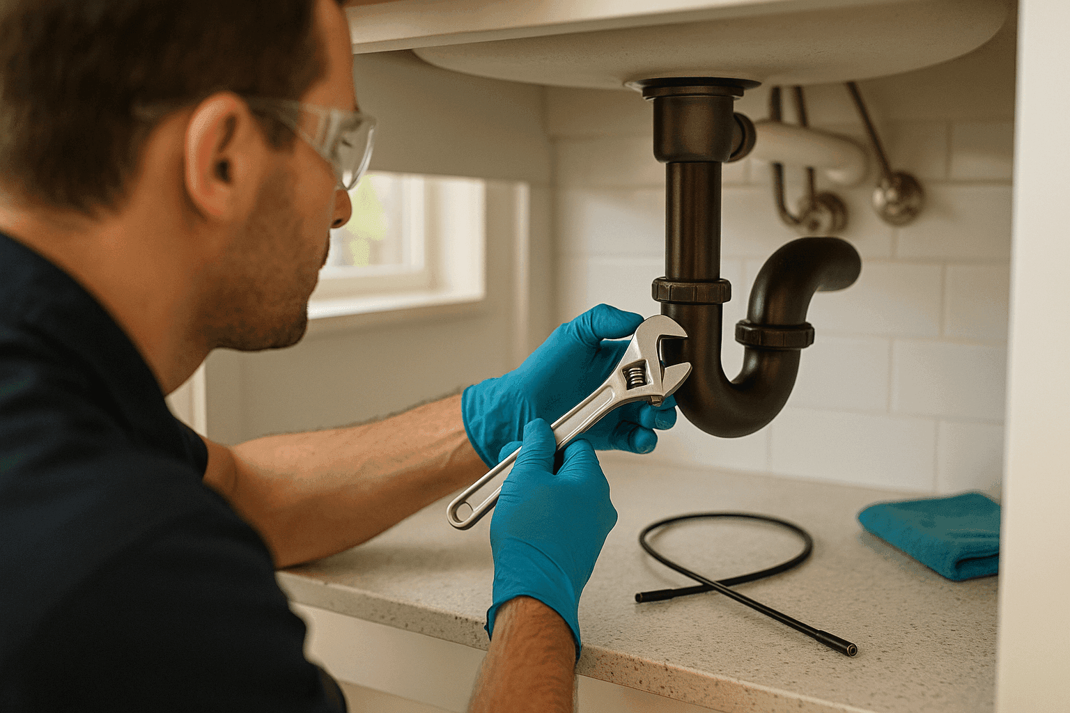 Plumber inspecting a sink trap with a wrench under a kitchen cabinet